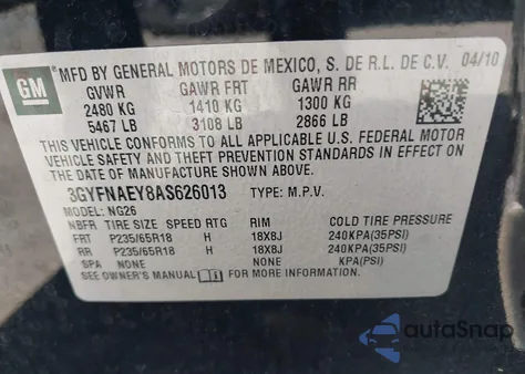 2010 Cadillac Srx Luxury Collection from USA, damaged, VIN 3GYFNAEY8AS626013